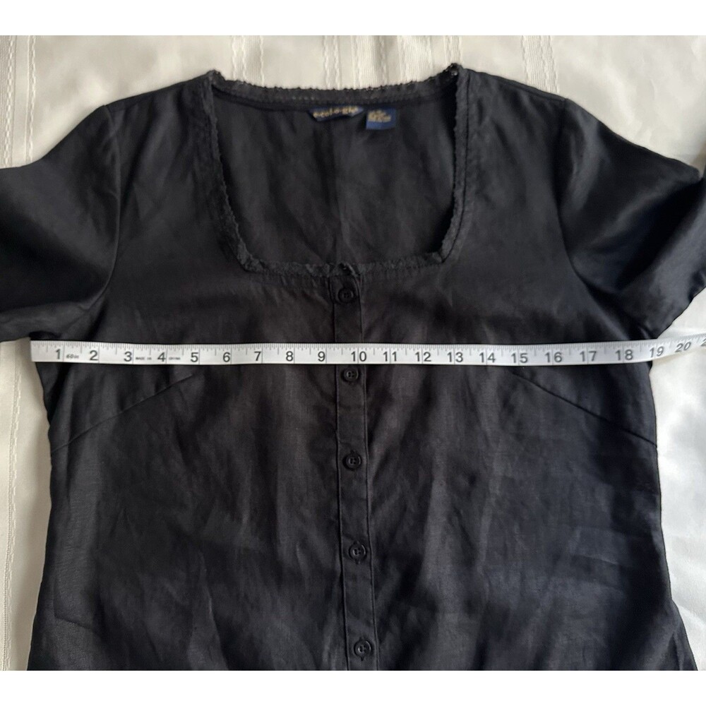 Ecologie Black 100% Linen Blouse, Size M, with White Embroidery and 3/4 Sleeve - Picture 8 of 13